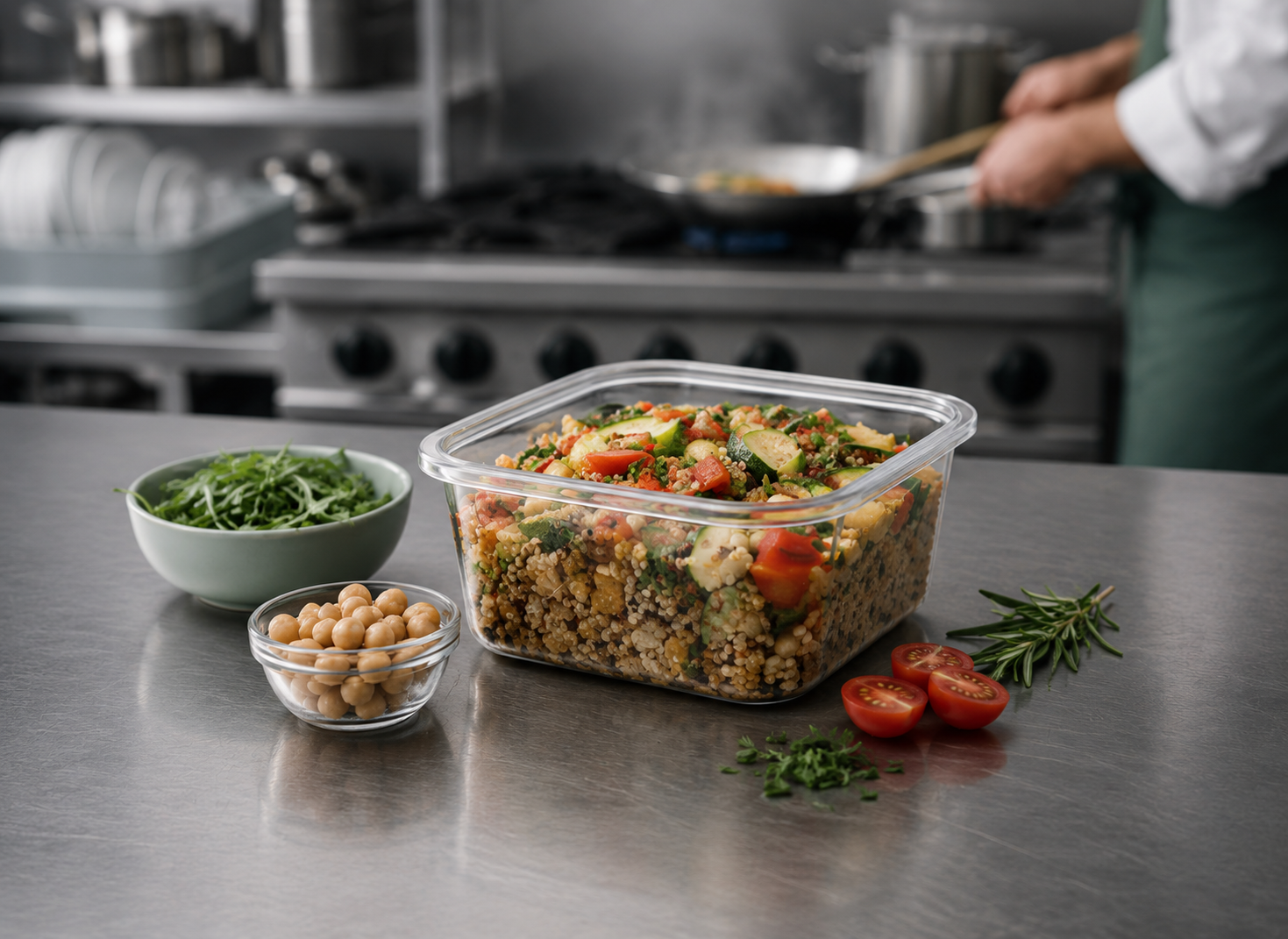 Ready-to-eat prepared foods in serving bowls