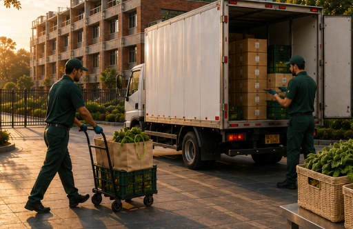 Delivery person moving supply boxes